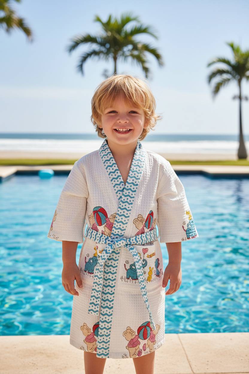 Teddy Blue - Kids Waffle Cotton Bathrobe