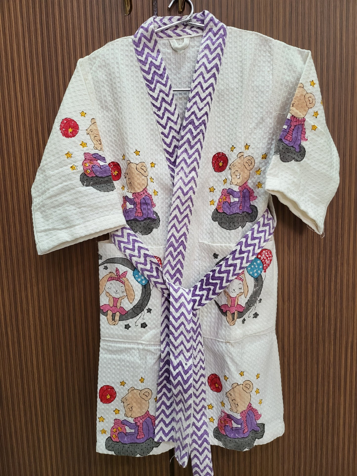 Teddy moon purple - Kids Waffle Cotton Bathrobe