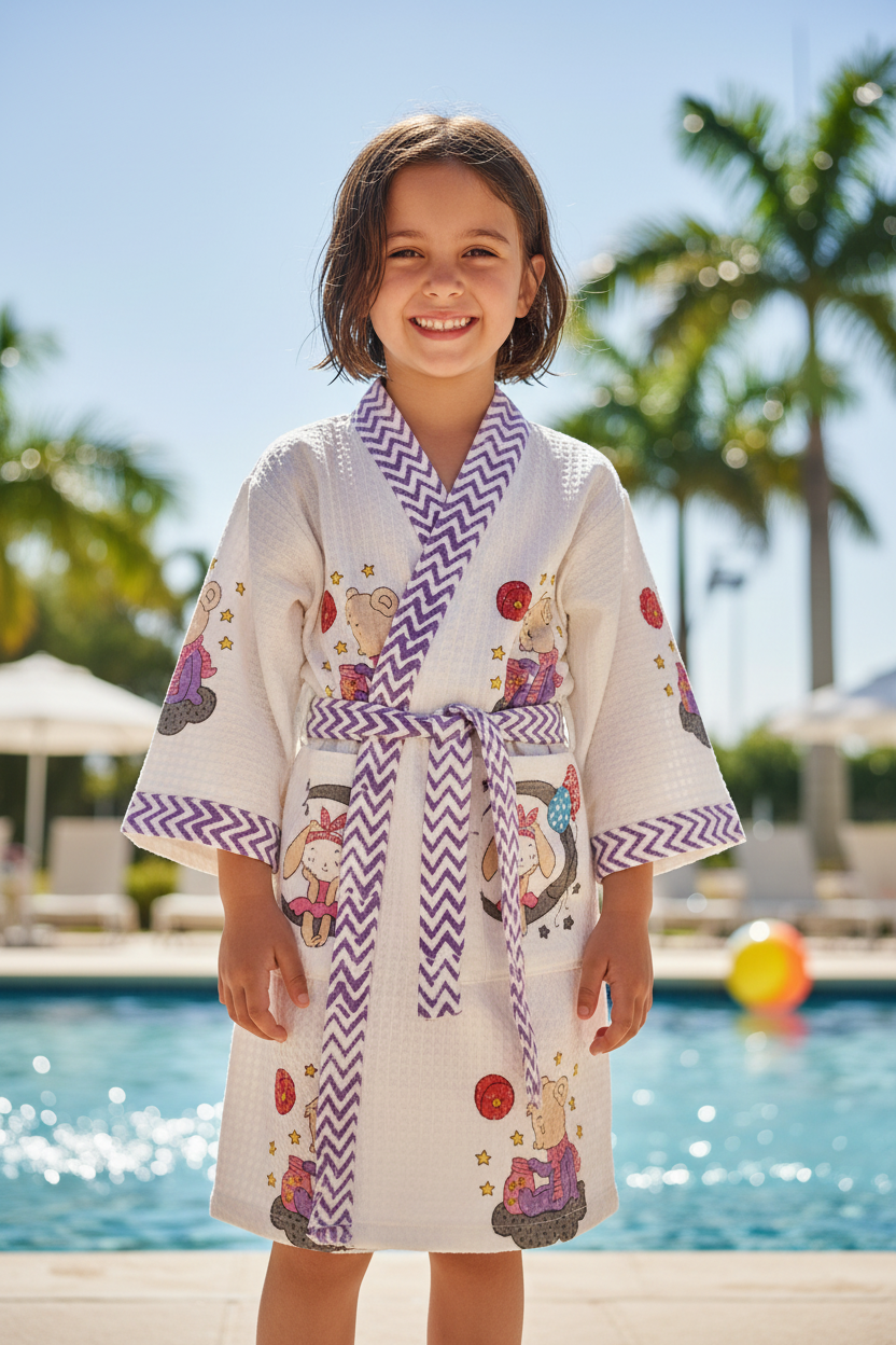 Teddy moon purple - Kids Waffle Cotton Bathrobe