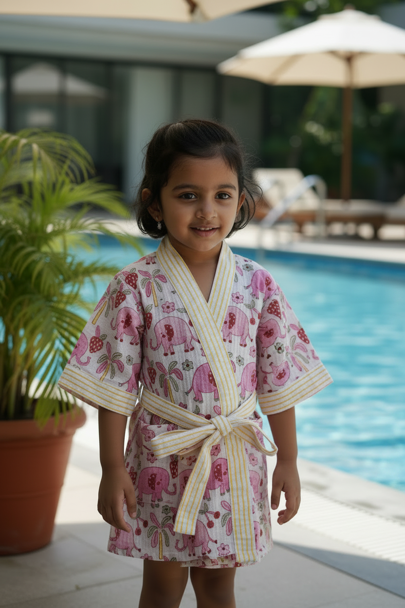 Pink elephant - Kids Waffle Cotton Bathrobe