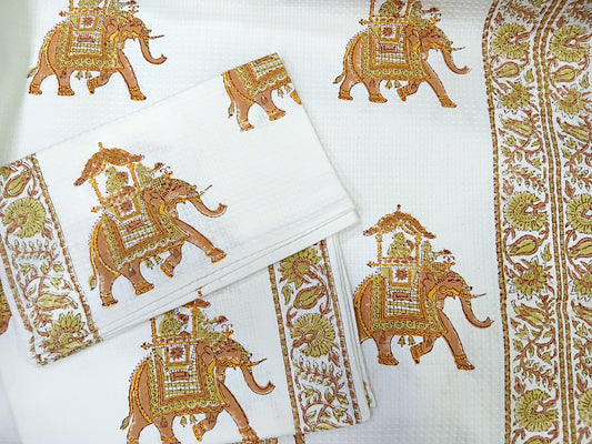 Handblock Printed Waffle Weave Cotton Towel Set(1 Bath, 2 Hand)