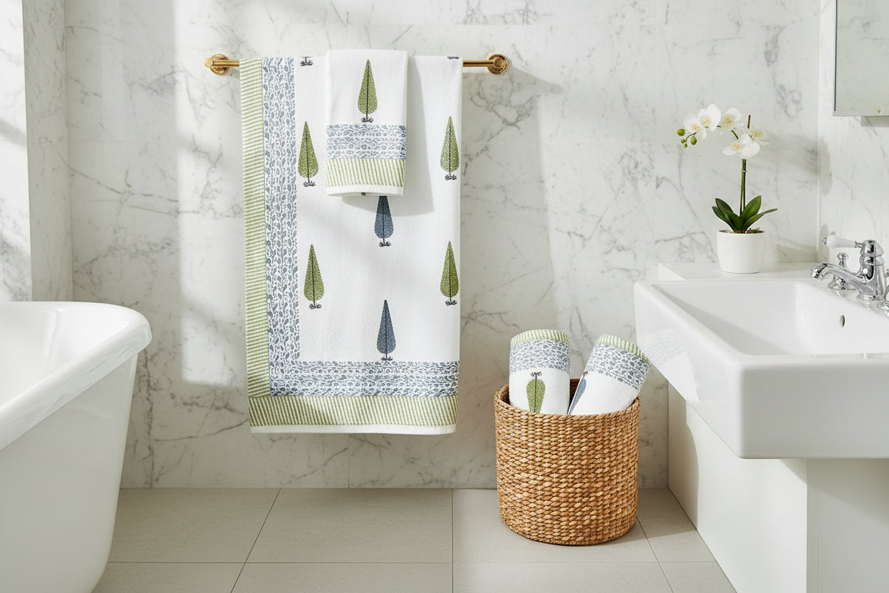 Handblock Printed Waffle Weave Cotton Towel Set(1 Bath, 2 Hand)