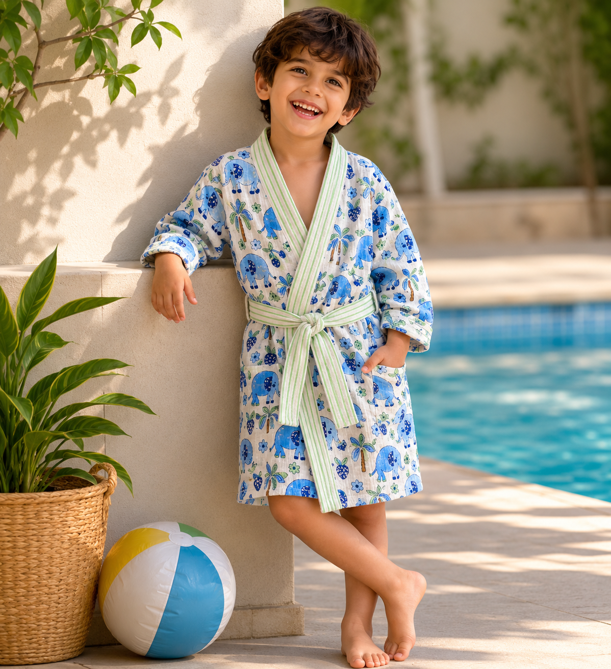 Blue elephant - Kids Waffle Cotton Bathrobe