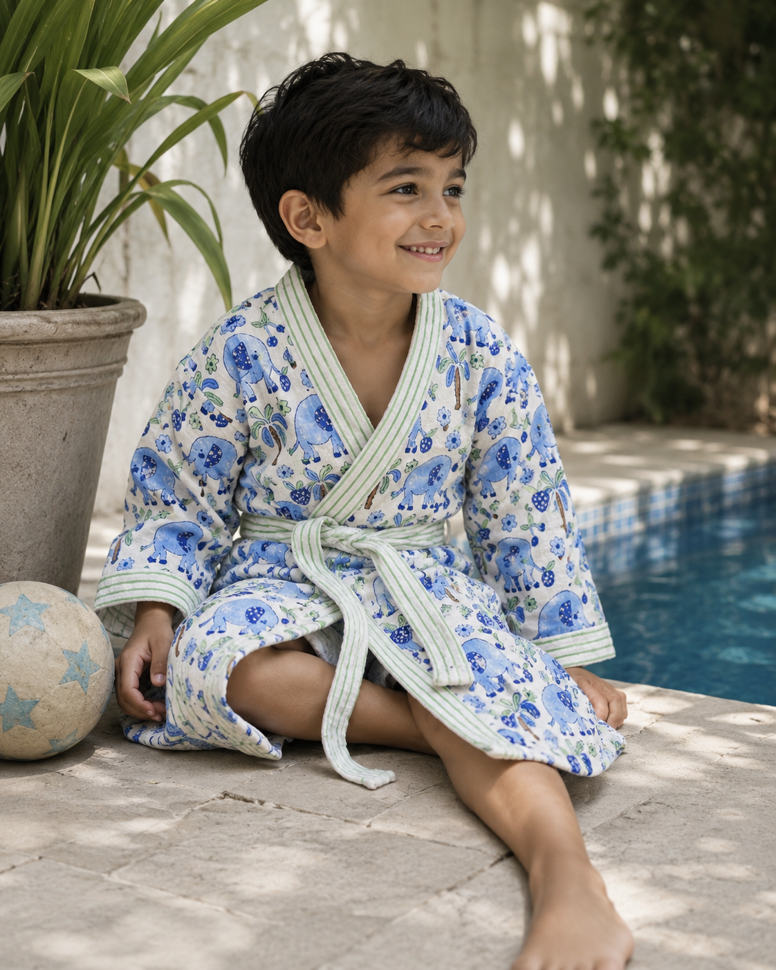 Blue elephant - Kids Waffle Cotton Bathrobe