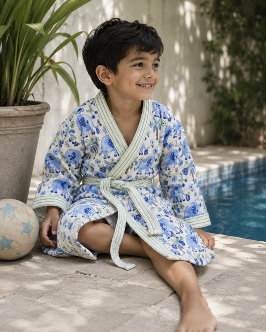 Blue elephant - Kids Waffle Cotton Bathrobe