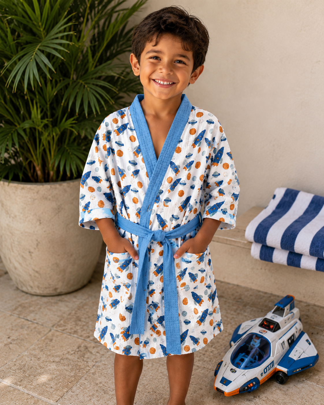 Space blue - Kids Waffle Cotton Bathrobe