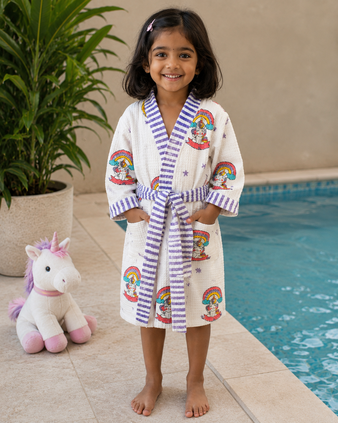 Unicorn Purple - Kids Waffle Cotton Bathrobe