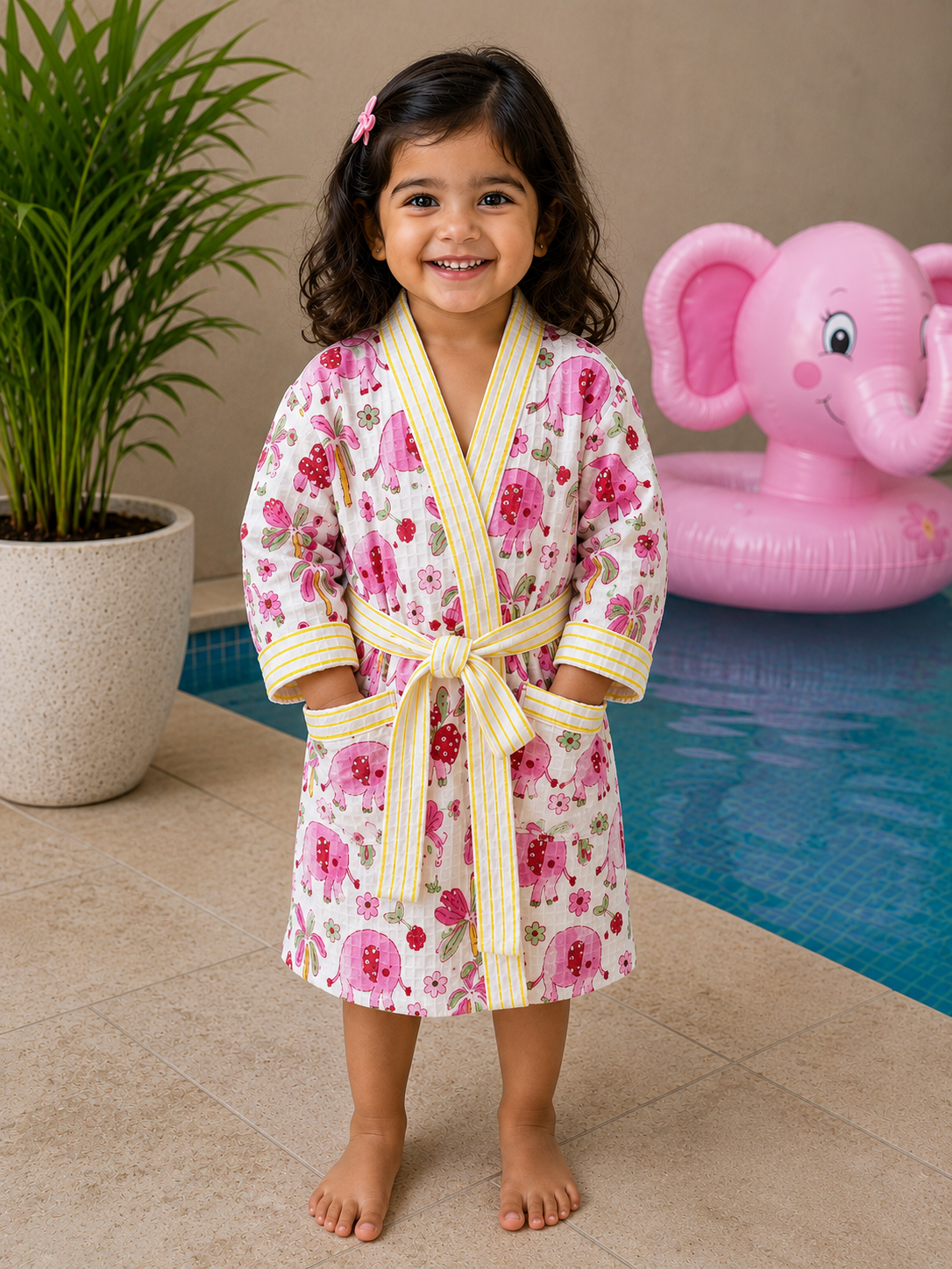 Pink elephant - Kids Waffle Cotton Bathrobe