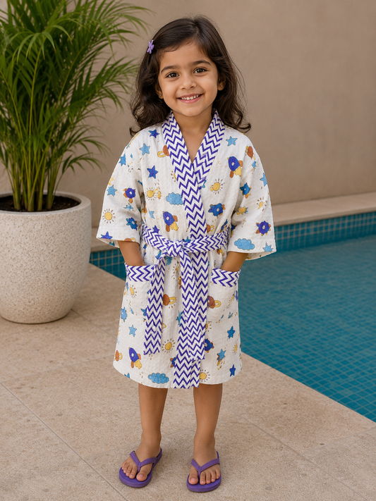 Purple Space - Kids Waffle Cotton Bathrobe